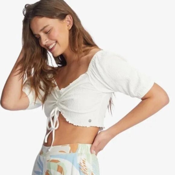 🦋 ROXY White Flirty Walk Crop Puff Sleeve Top Boho Beachy - Picture 1 of 5